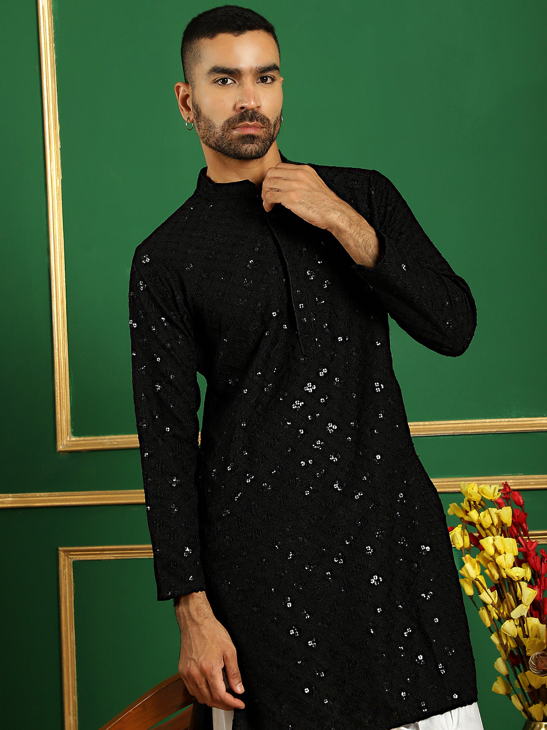 Men's Black Embroidered and Sequence Kurta with Salwar