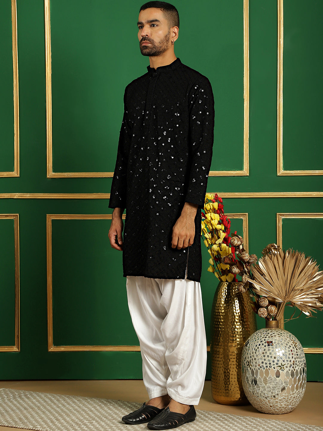 Men's Black Embroidered and Sequence Kurta with Salwar - Taantav