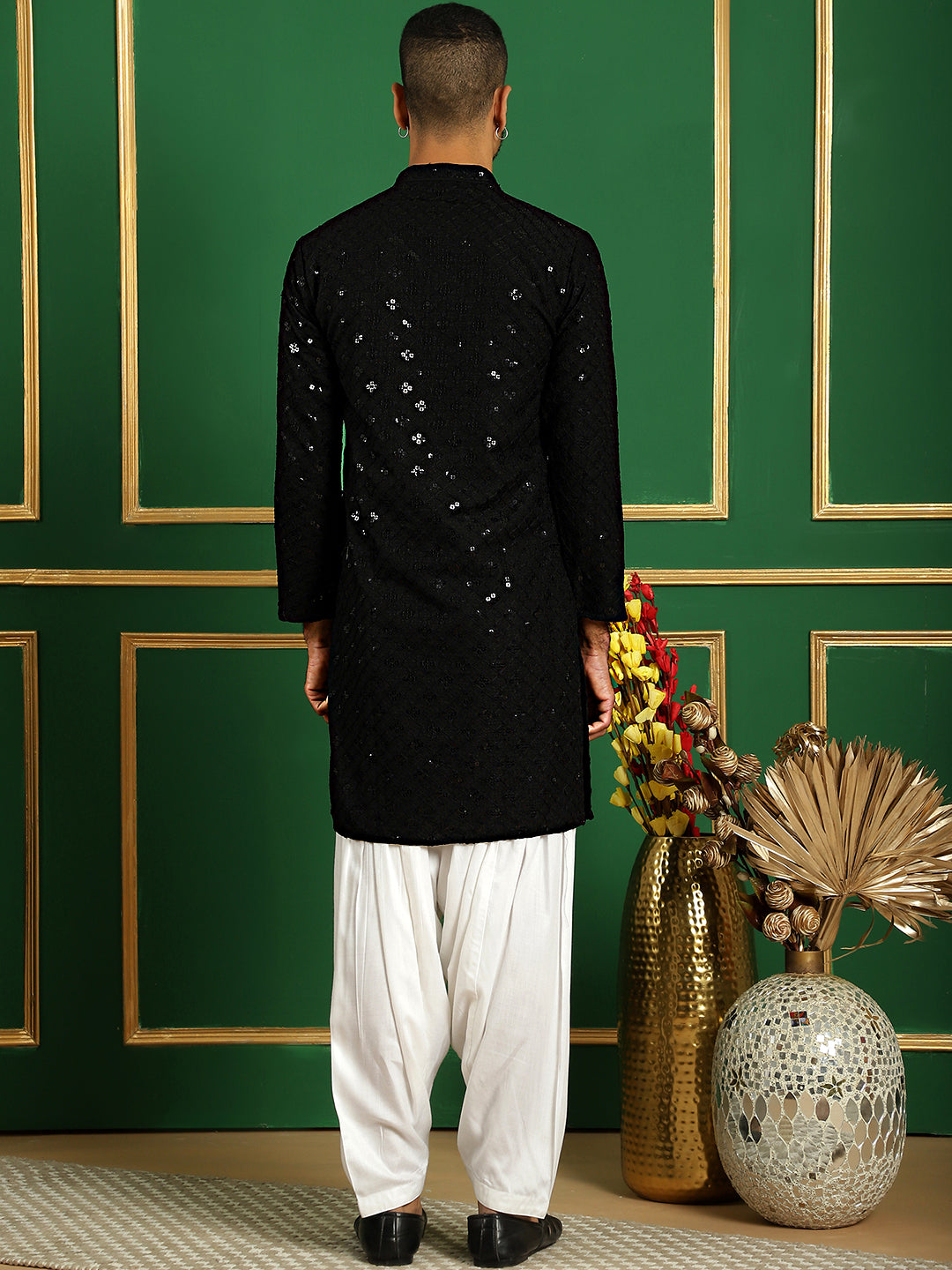 Men's Black Embroidered and Sequence Kurta with Salwar - Taantav