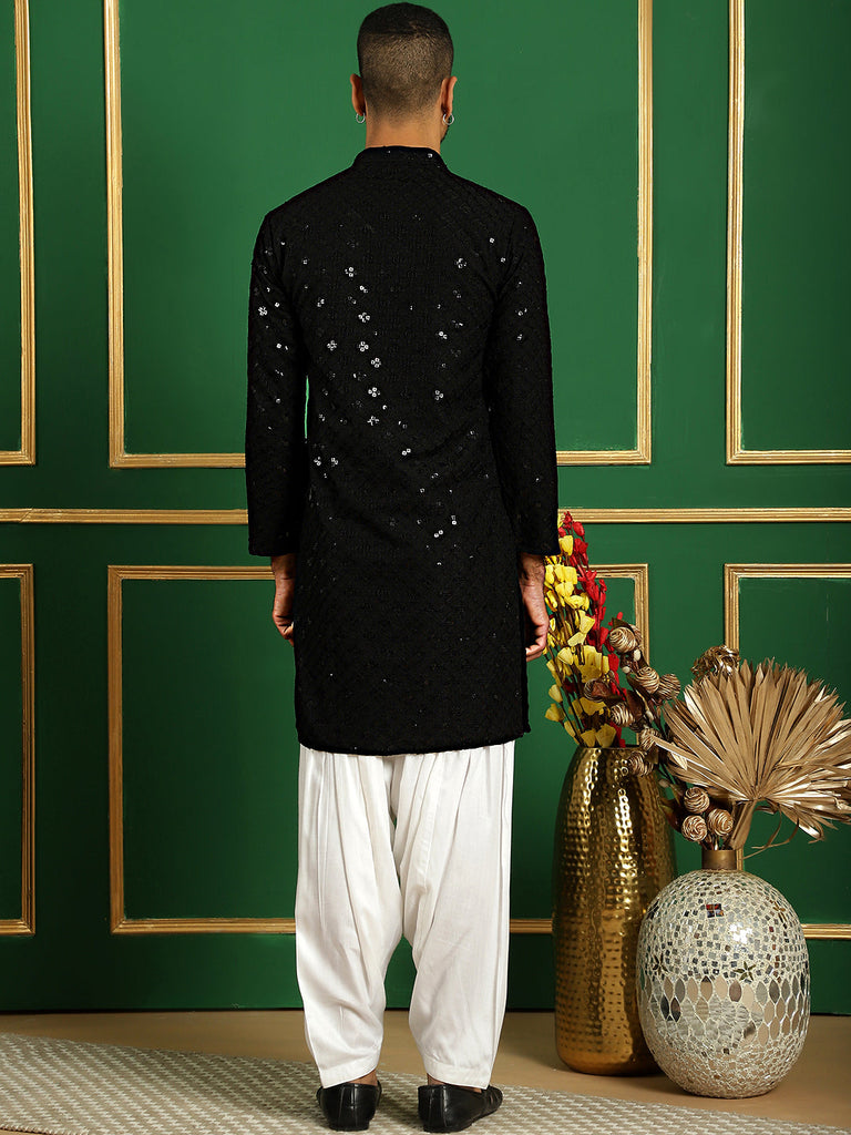 Men's Black Embroidered and Sequence Kurta with Salwar
