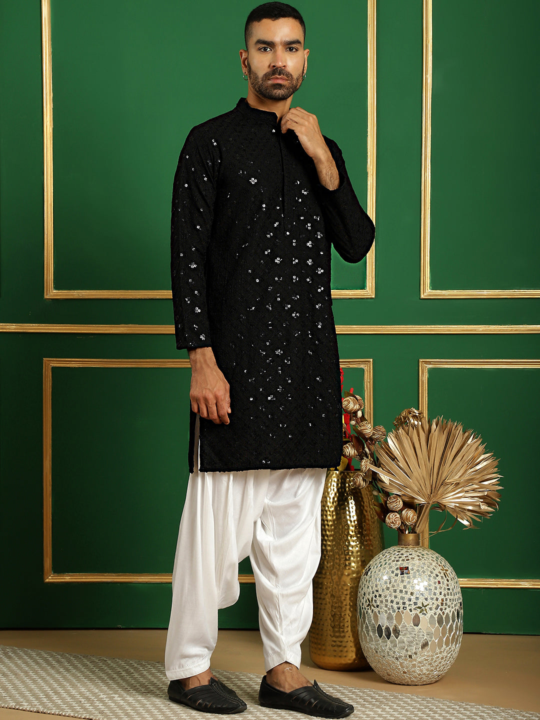 Men's Black Embroidered and Sequence Kurta with Salwar - Taantav