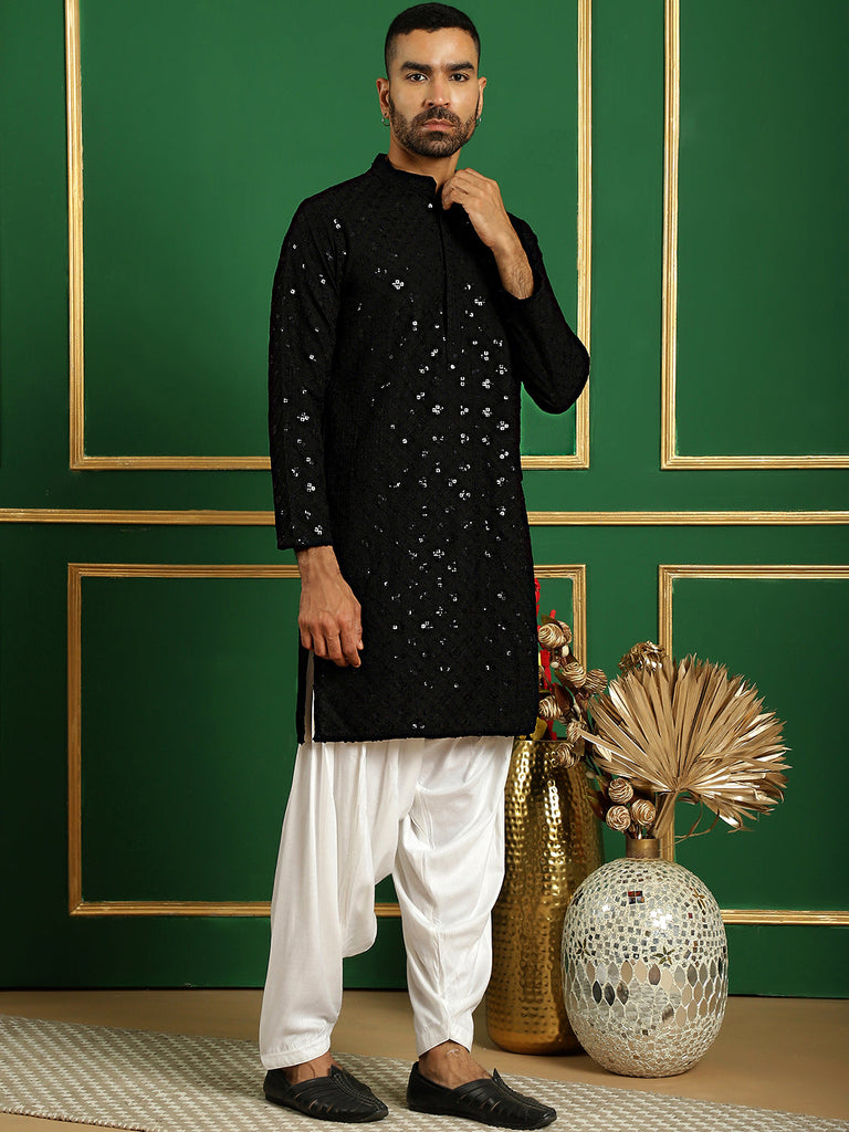 Men's Black Embroidered and Sequence Kurta with Salwar