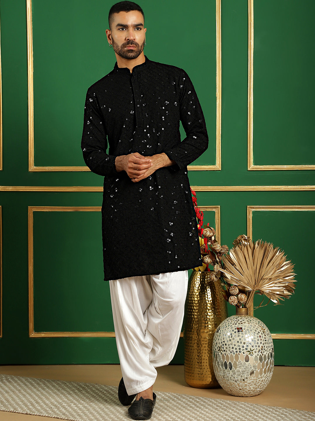 Men's Black Embroidered and Sequence Kurta with Salwar - Taantav