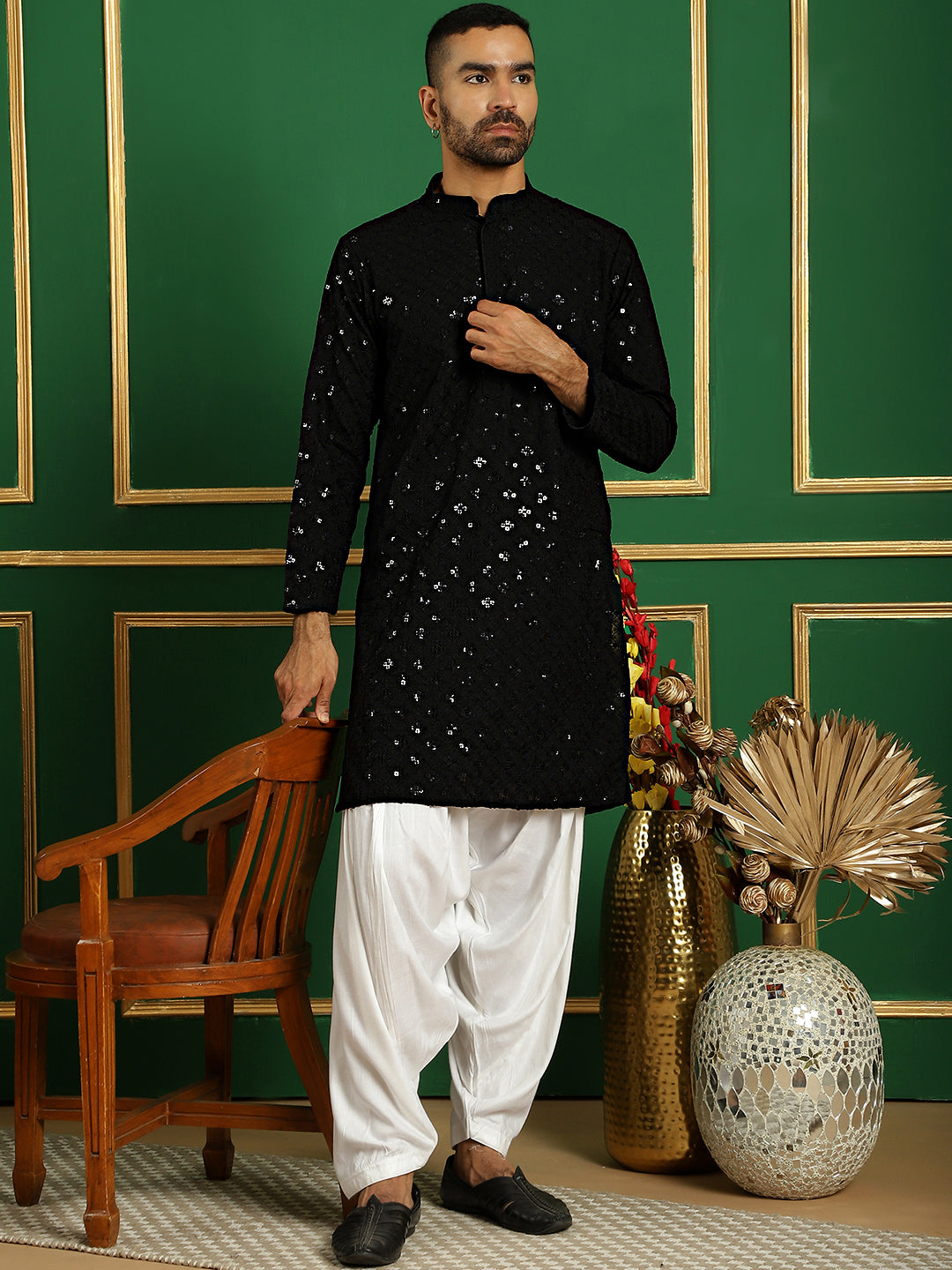 Men's Black Embroidered and Sequence Kurta with Salwar - Taantav