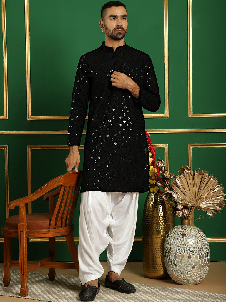 Men's Black Embroidered and Sequence Kurta with Salwar