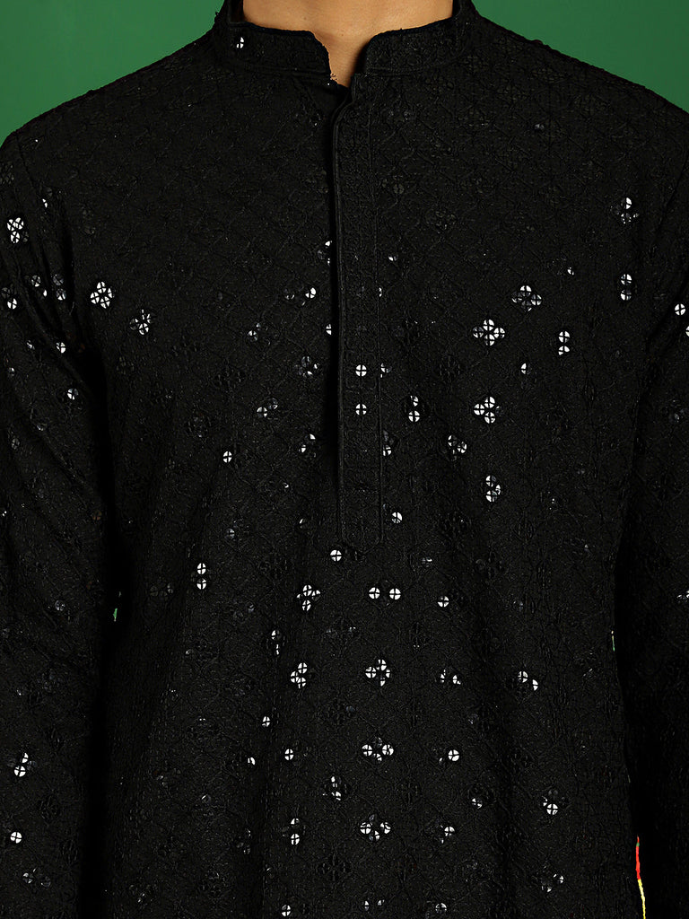 Men's Black Embroidered and Sequence Kurta with Salwar