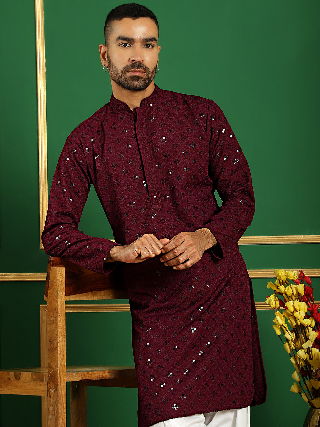 Men's Purple Embroidered and Sequence Kurta with Salwar - Taantav