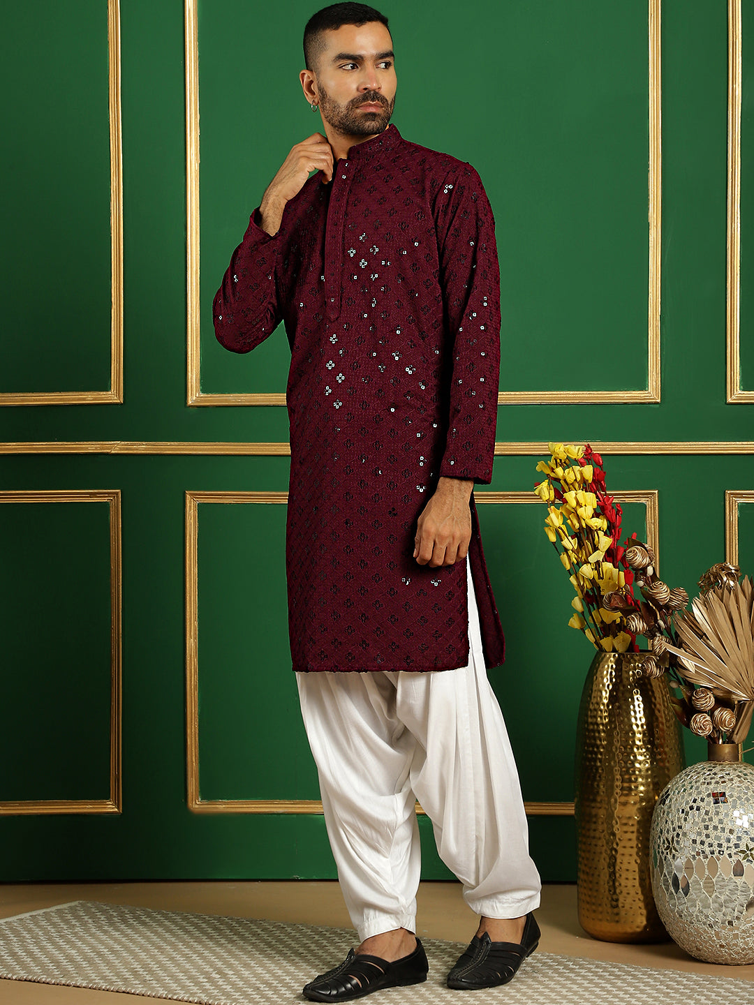 Men's Purple Embroidered and Sequence Kurta with Salwar - Taantav