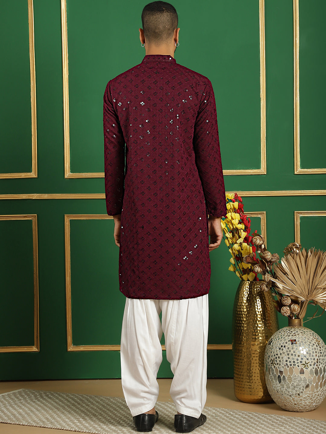 Men's Purple Embroidered and Sequence Kurta with Salwar - Taantav