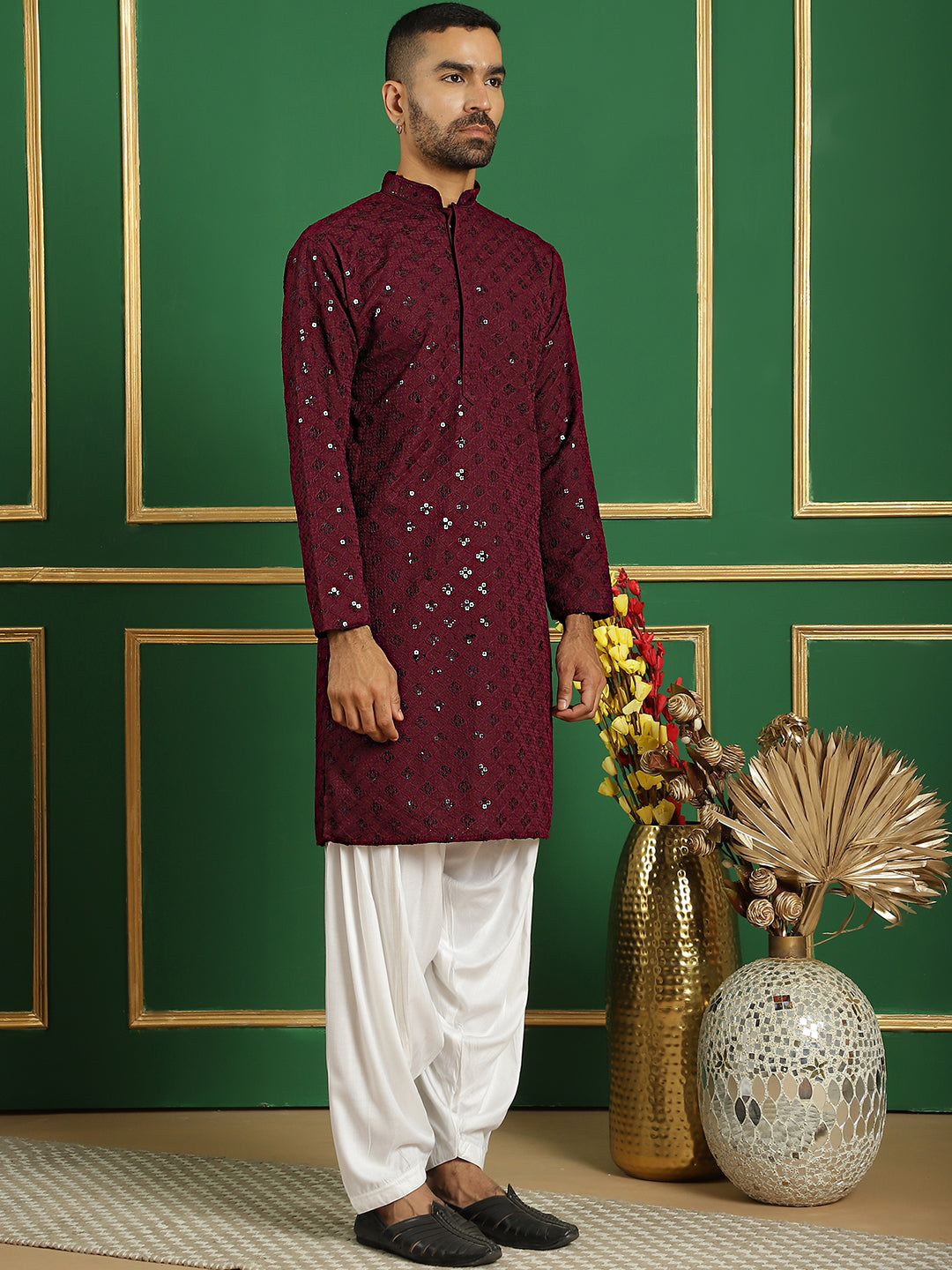 Men's Purple Embroidered and Sequence Kurta with Salwar - Taantav