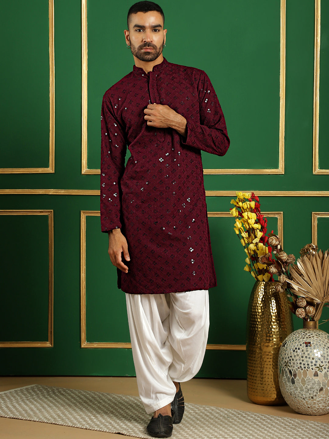 Men's Purple Embroidered and Sequence Kurta with Salwar - Taantav