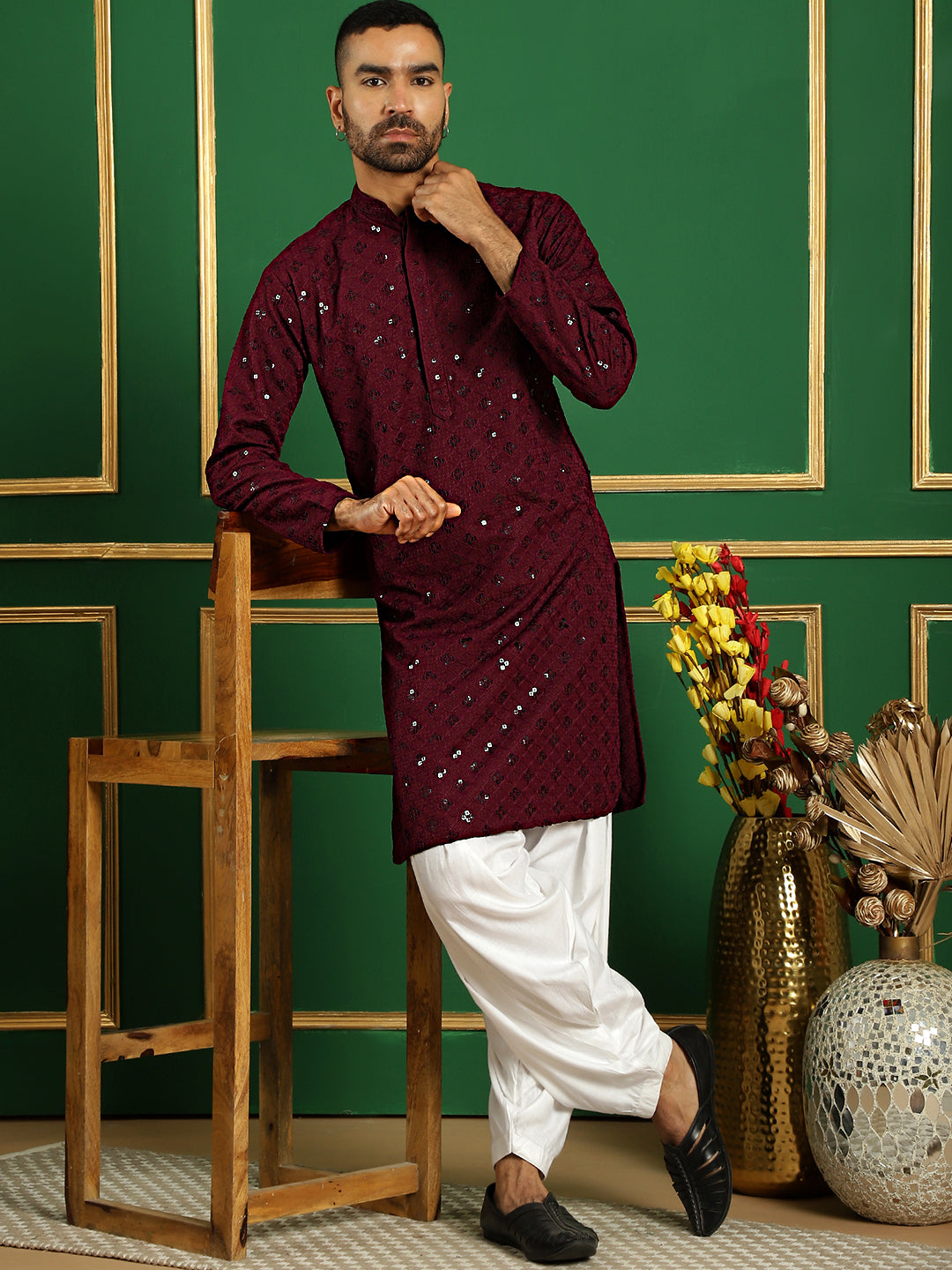 Men's Purple Embroidered and Sequence Kurta with Salwar - Taantav