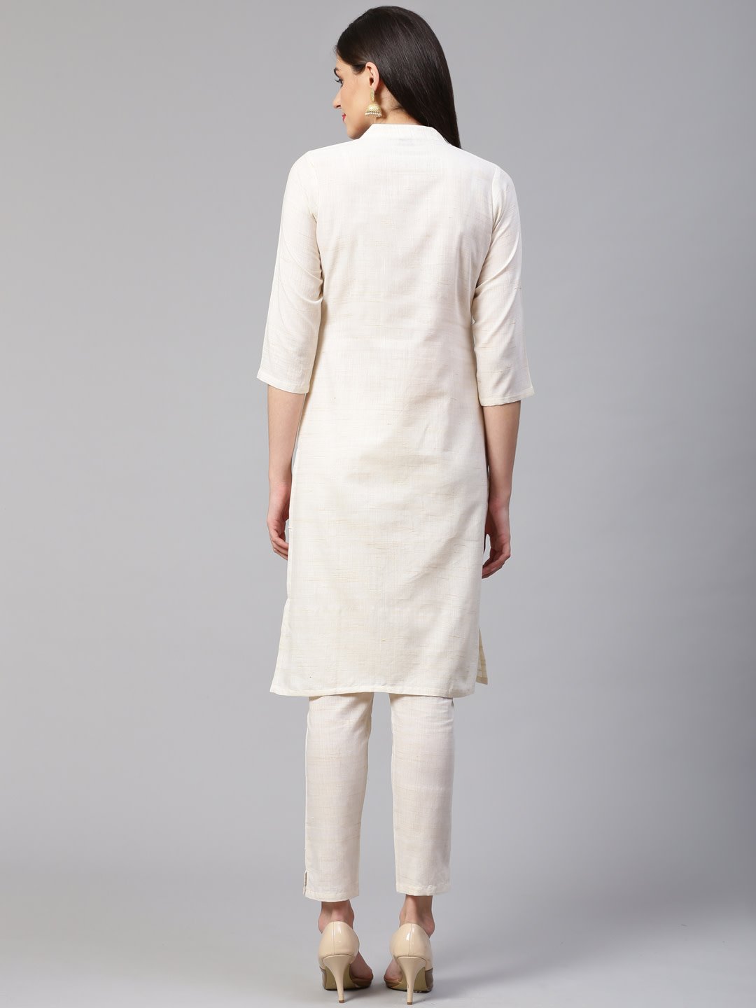 Women's Off White Woven Design Kurta with Trousers - Final Clearance Sale
