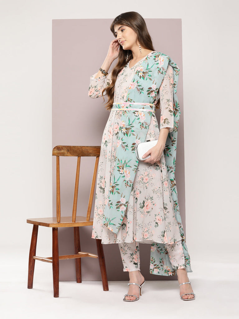 Women's Sequin Work Belt, Flared Kurta with trousers and dupatta