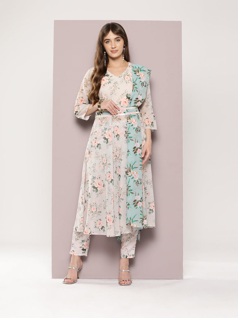 Women's Sequin Work Belt, Flared Kurta with trousers and dupatta