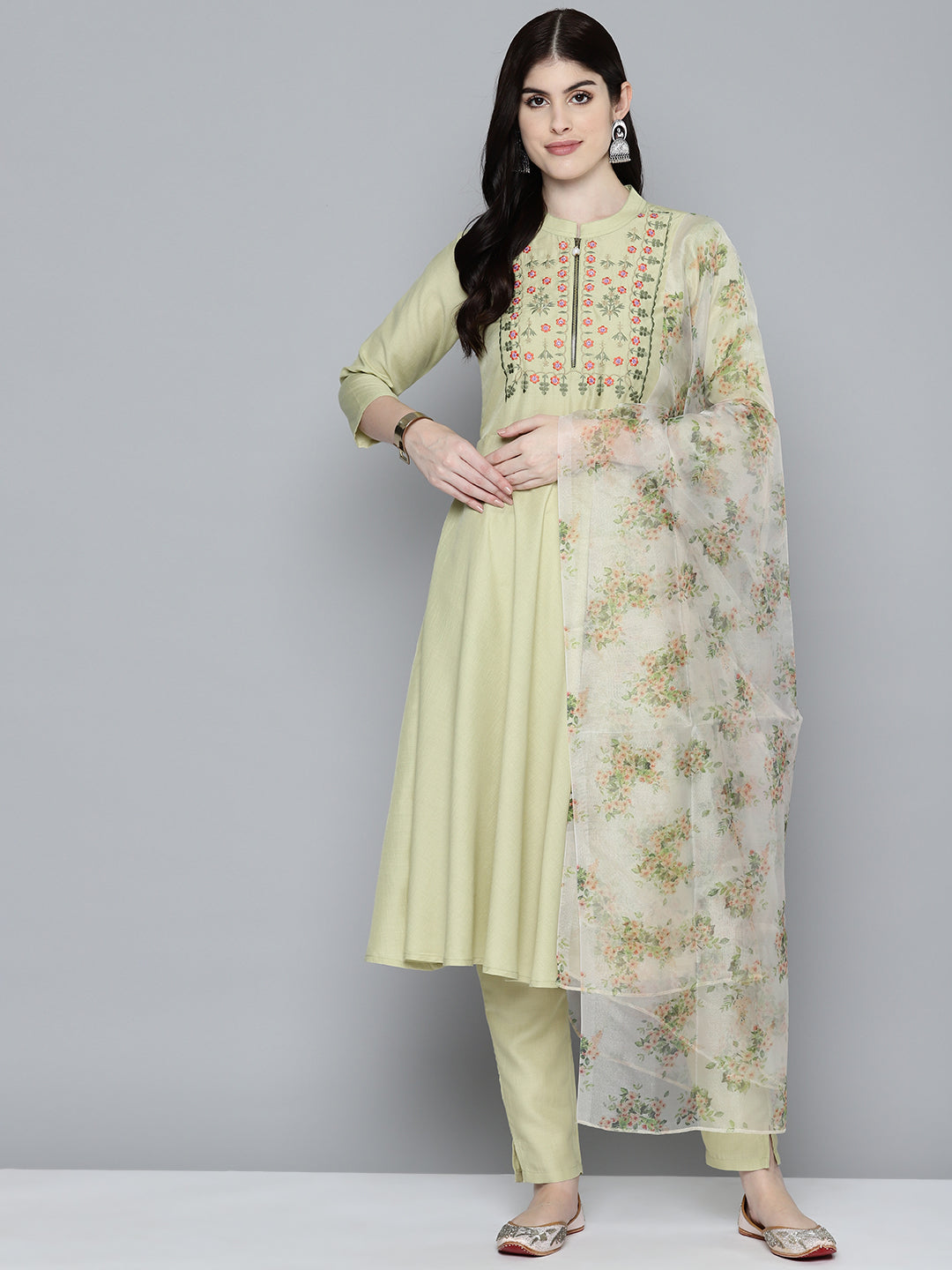 Women's Embroidered flared kurta, printed dupatta with pants - Taantav