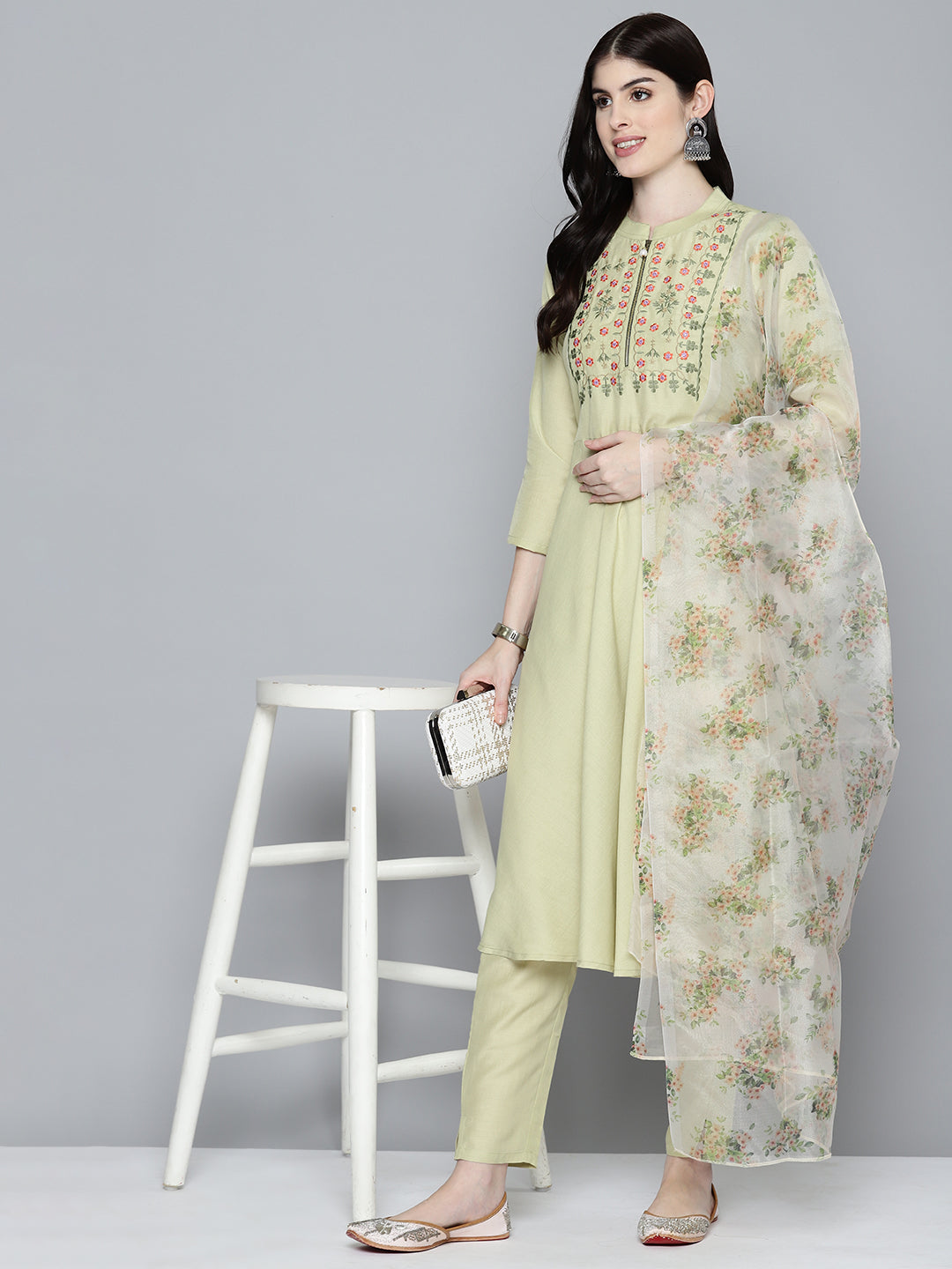 Women's Embroidered flared kurta, printed dupatta with pants - Taantav