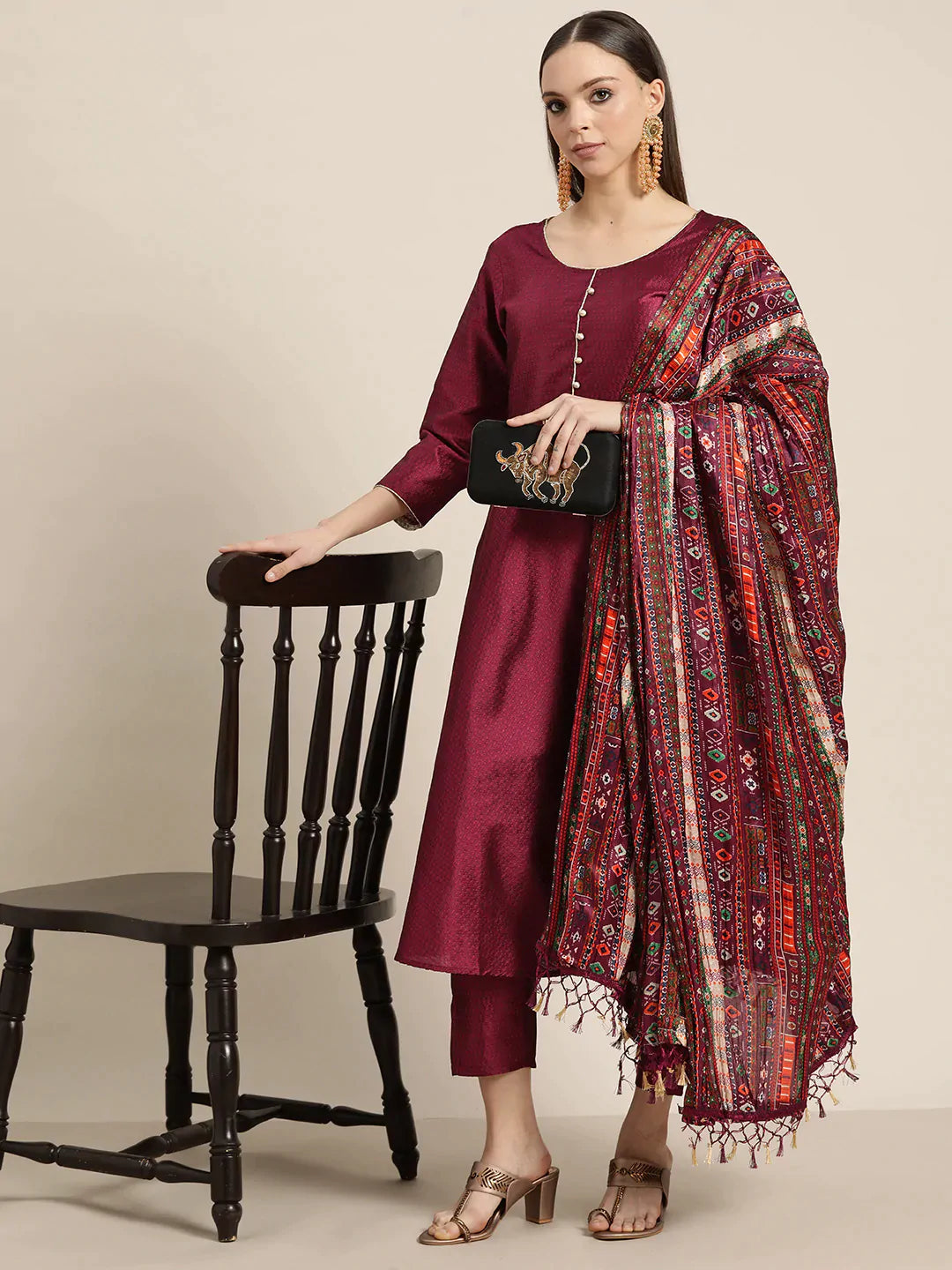 Women's Dupion Silk Jacquard Kurta with Trousers & Dupatta - Taantav