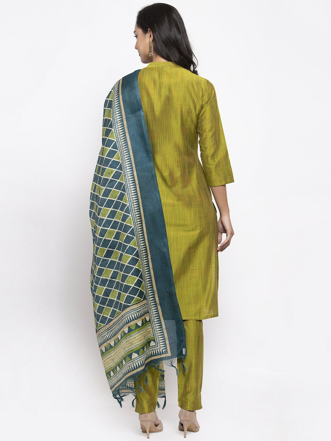 Women's Green Self Striped Kurta with Trousers & Art Silk Dupatta - Final Clearance Sale