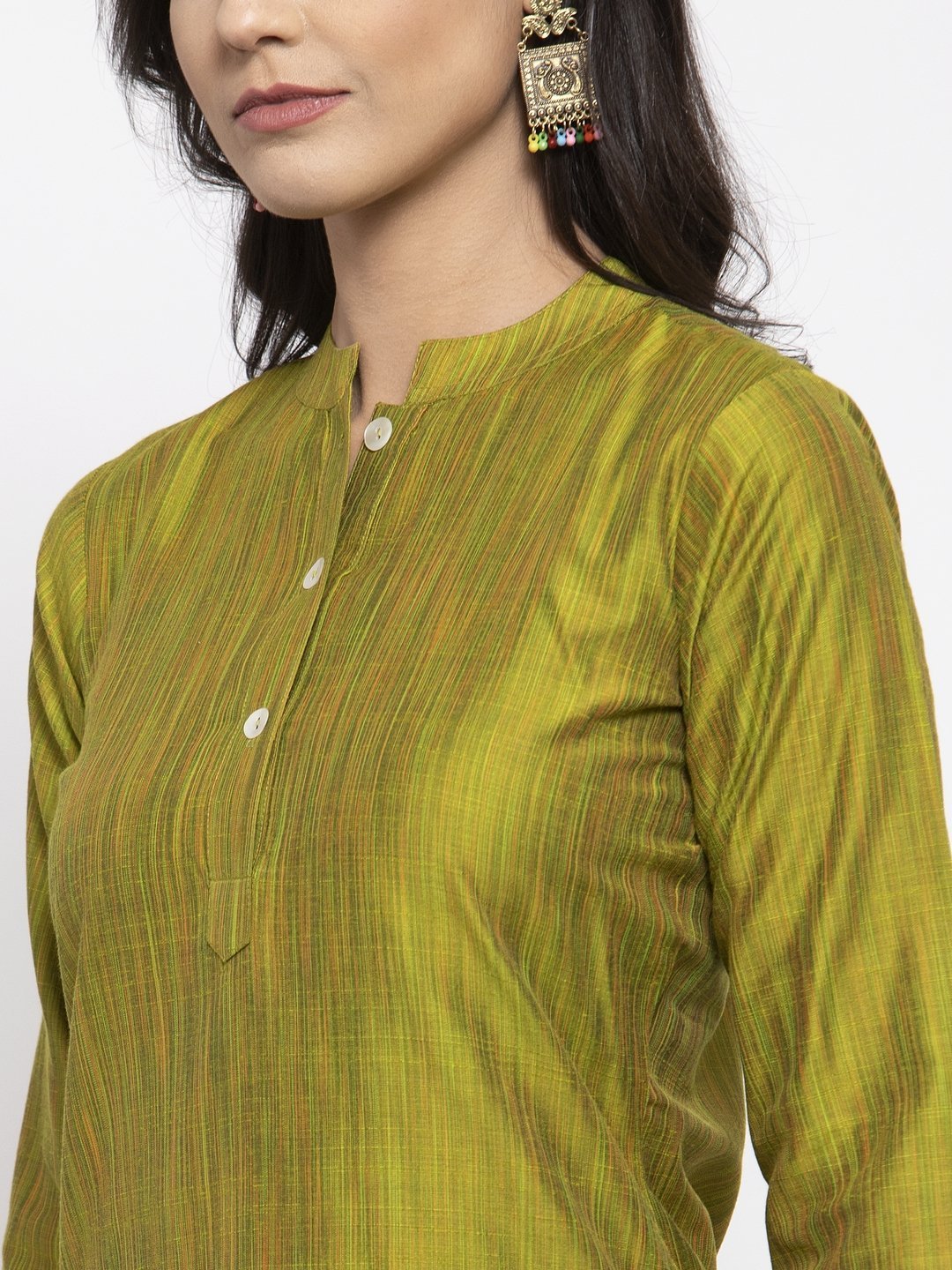 Women's Green Self Striped Kurta with Trousers & Art Silk Dupatta - Final Clearance Sale