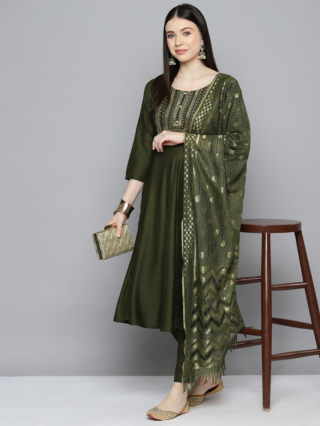 Women's Sequin, Zari embroidered flared kurta with pants and dupatta - Taantav