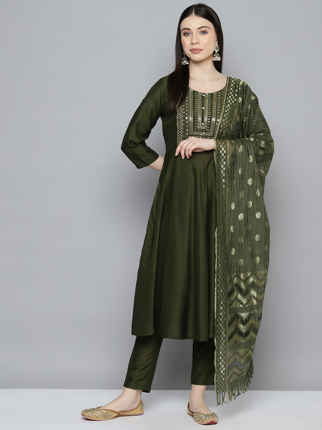 Women's Sequin, Zari embroidered flared kurta with pants and dupatta - Taantav