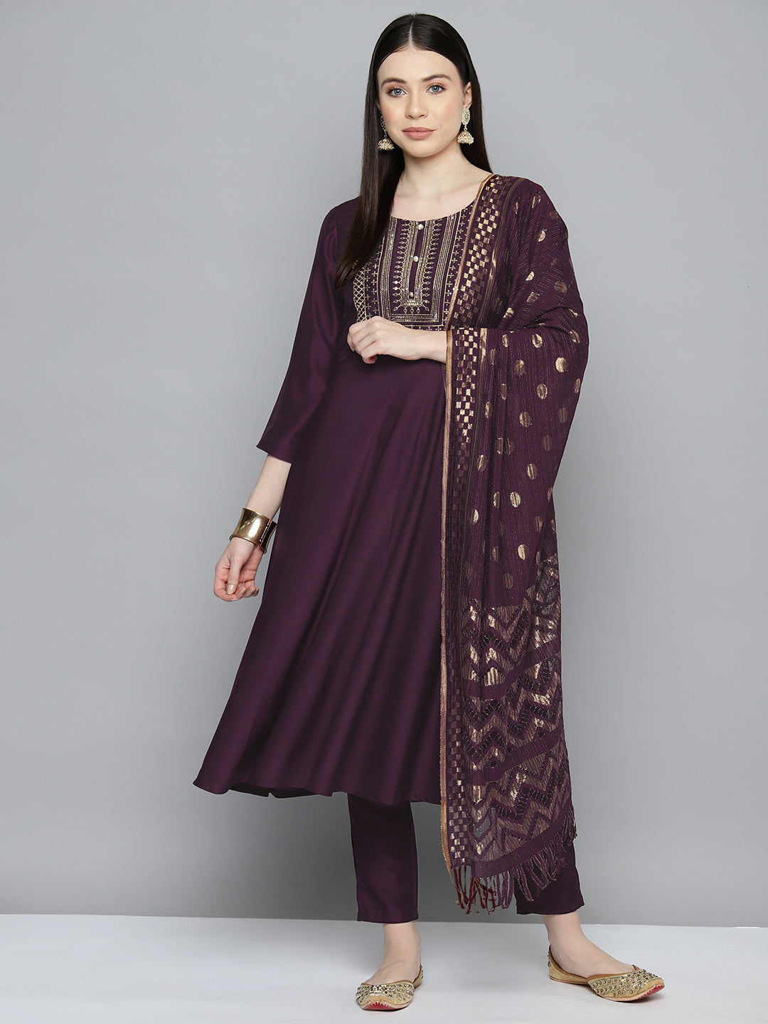 Women's Sequin, Zari embroidered flared kurta with pants and dupatta - Taantav