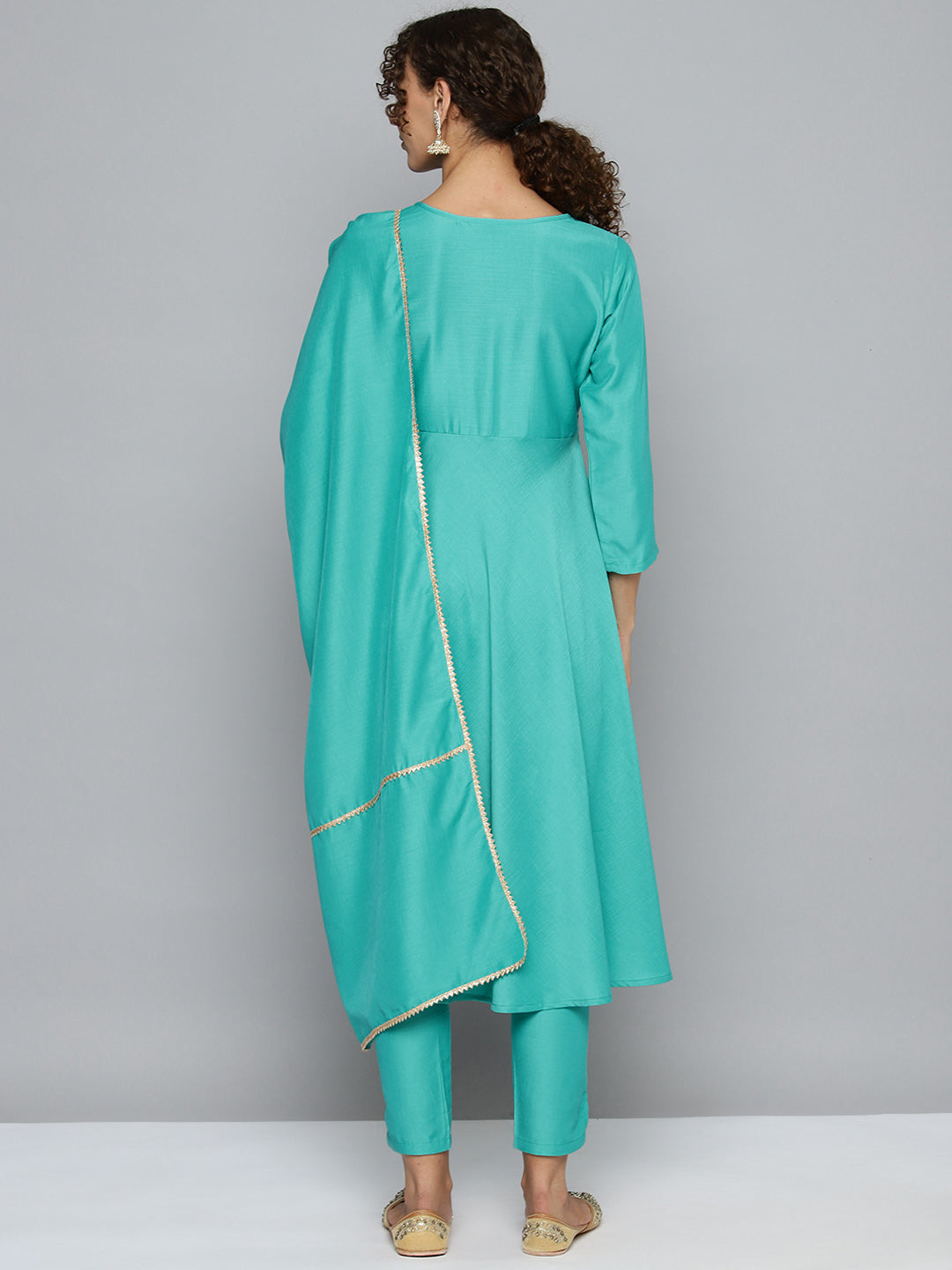 Women's Embroidered Silk Flared kurta, pant with dupatta set - Taantav