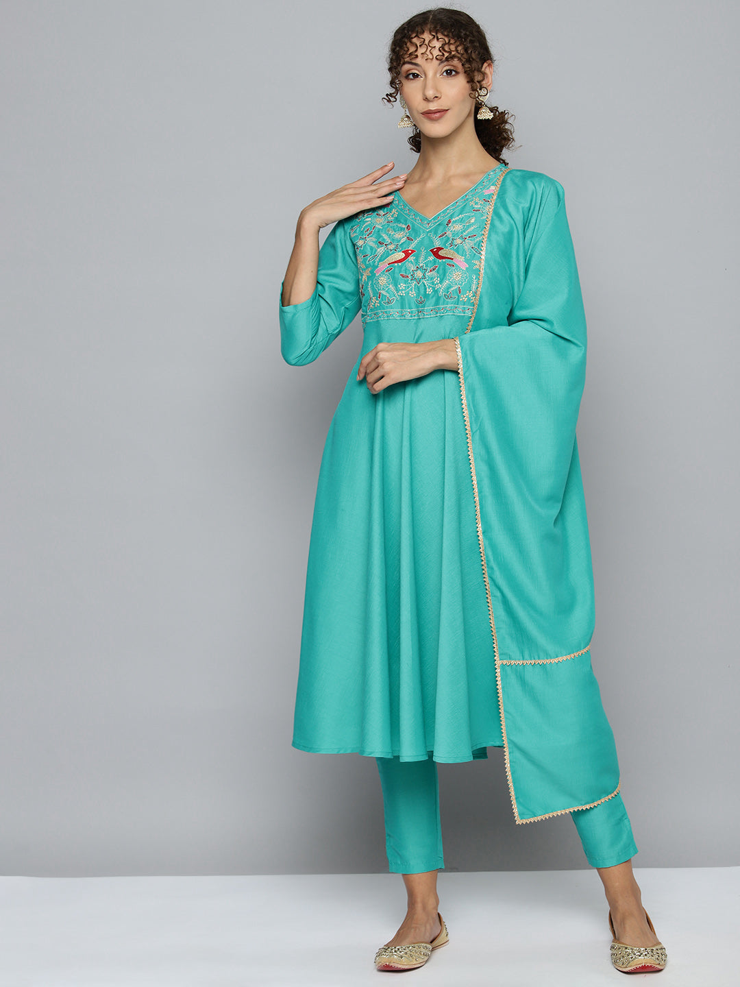 Women's Embroidered Silk Flared kurta, pant with dupatta set - Taantav