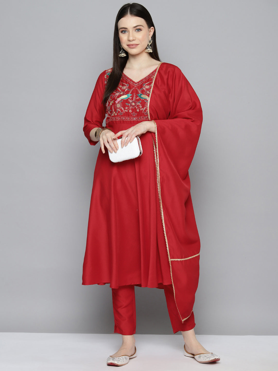 Women's Embroidered Silk Flared kurta, pant with dupatta set - Taantav