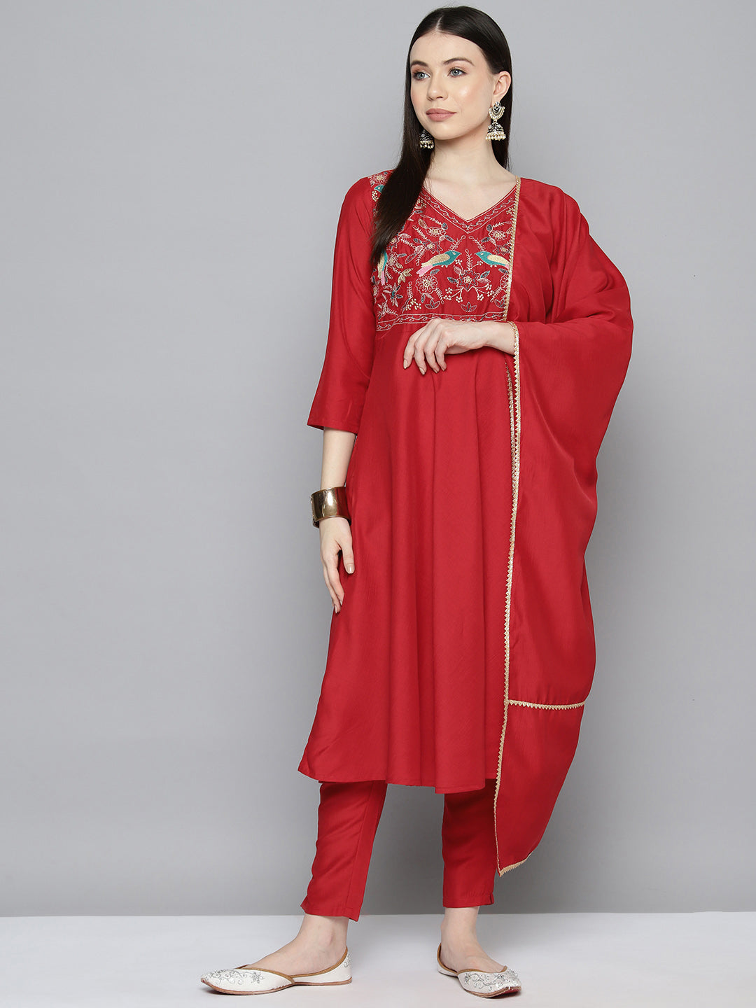 Women's Embroidered Silk Flared kurta, pant with dupatta set - Taantav