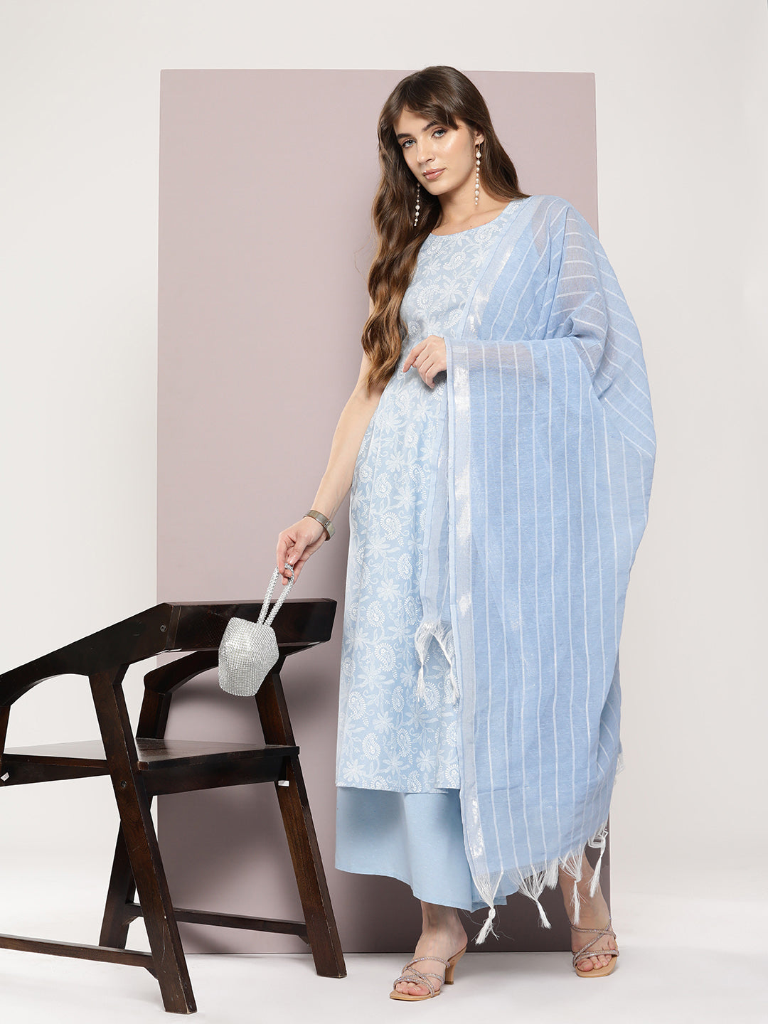 Women's Printed flared kurta palazzos dupatta set - Taantav