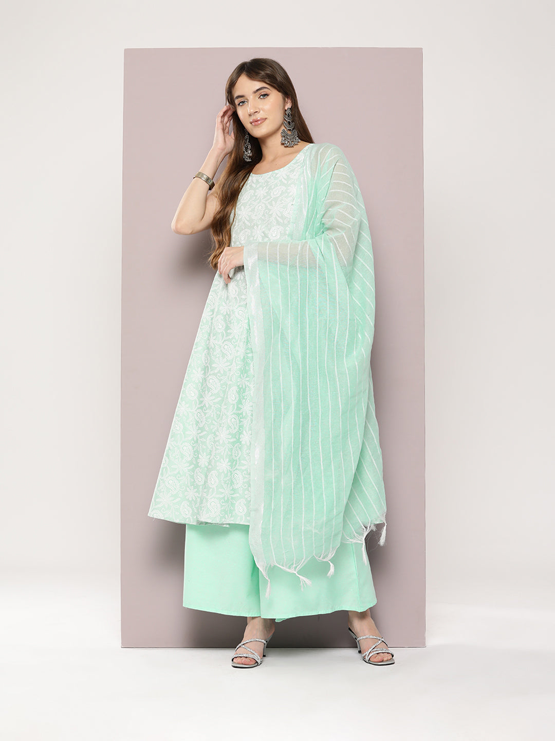 Women's Printed flared kurta palazzos dupatta set - Taantav