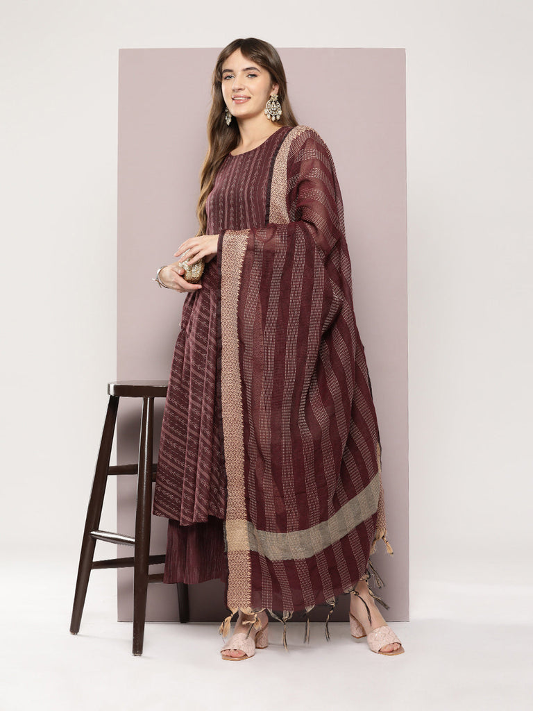 Women's Jacquard flared kurta palazzos dupatta set