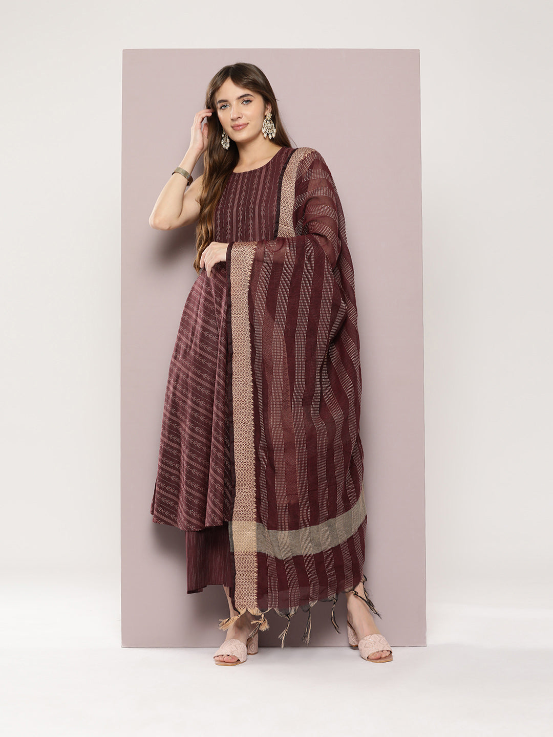 Women's Jacquard flared kurta palazzos dupatta set - Taantav