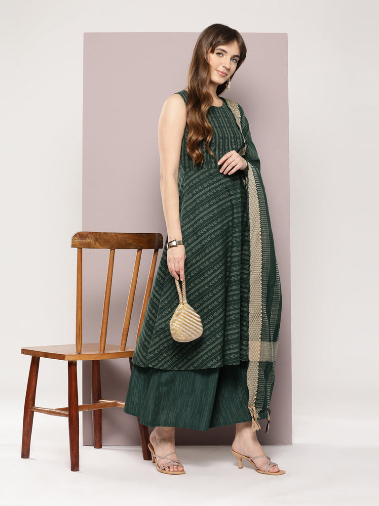 Women's Jacquard flared kurta palazzos dupatta set
