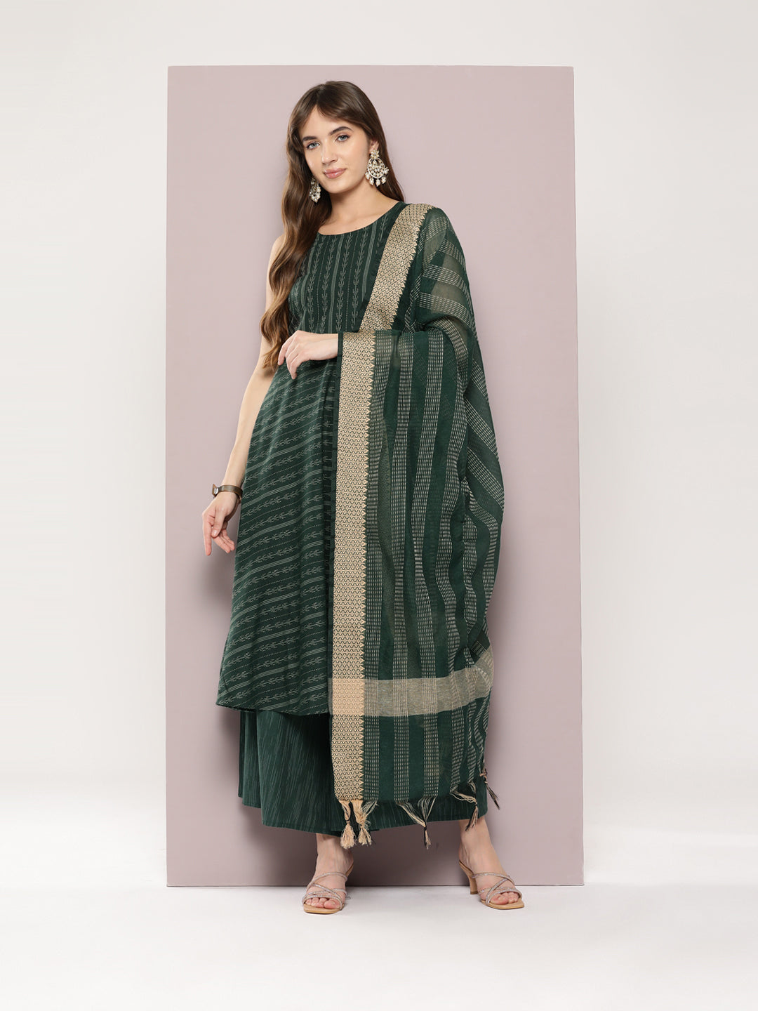 Women's Jacquard flared kurta palazzos dupatta set - Taantav