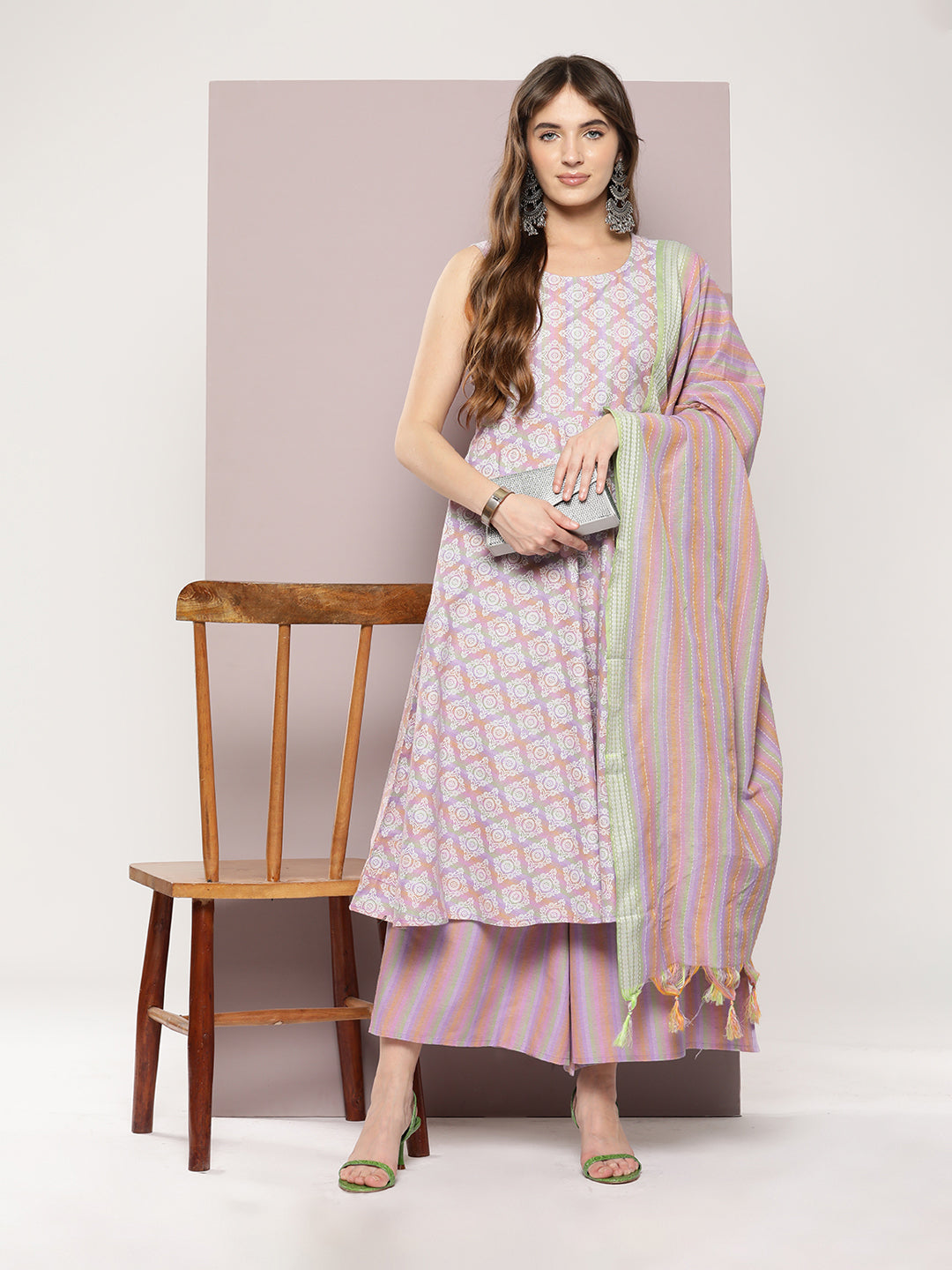 Women's Printed flared kurta palazzos dupatta set - Taantav