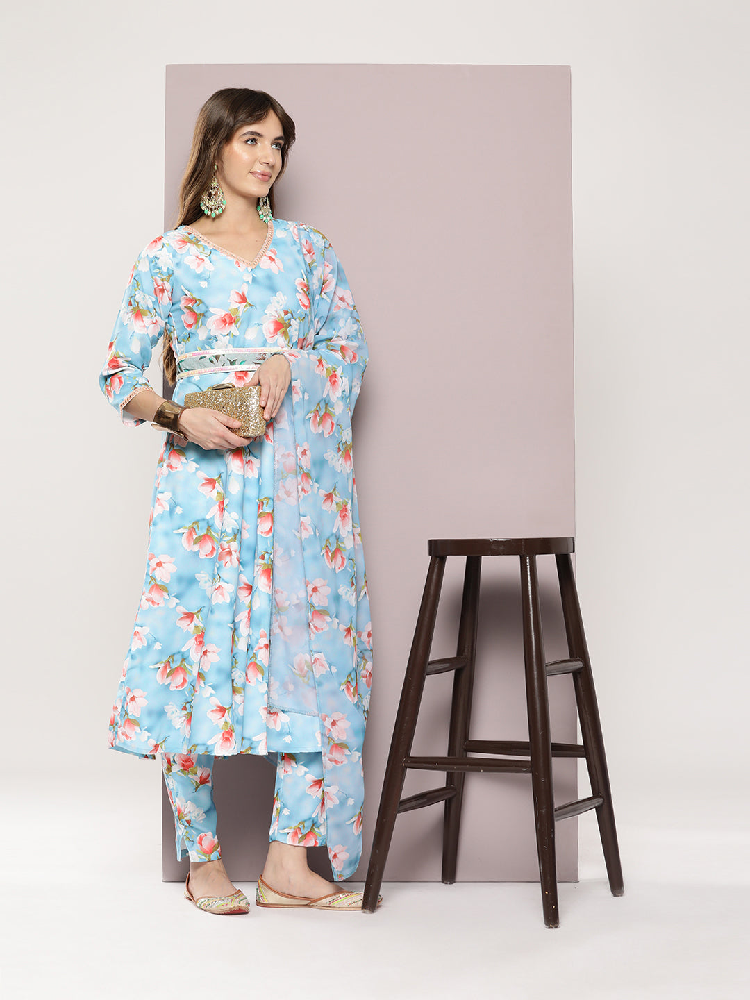 Women's Mirror work detailing, linen printed flared kurta with trousers and dupatta - Taantav