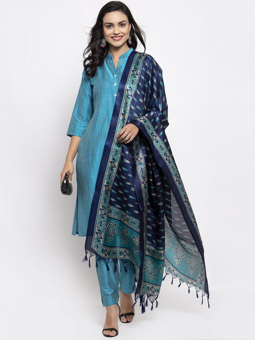 Women's Blue & Green Self Striped Kurta with Trousers & Printed Art Silk Dupatta