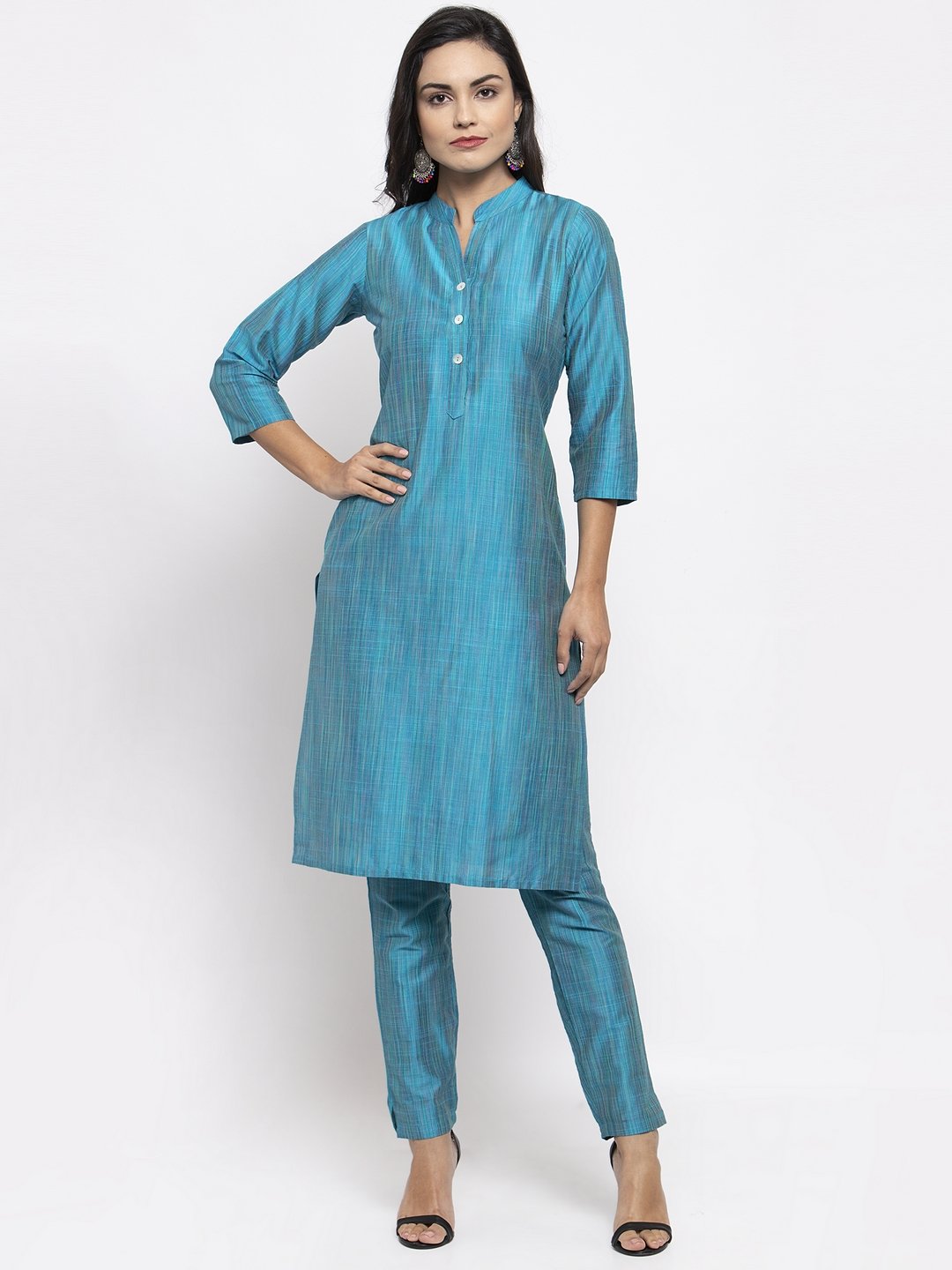 Women's Blue & Green Self Striped Kurta with Trousers & Printed Art Silk Dupatta