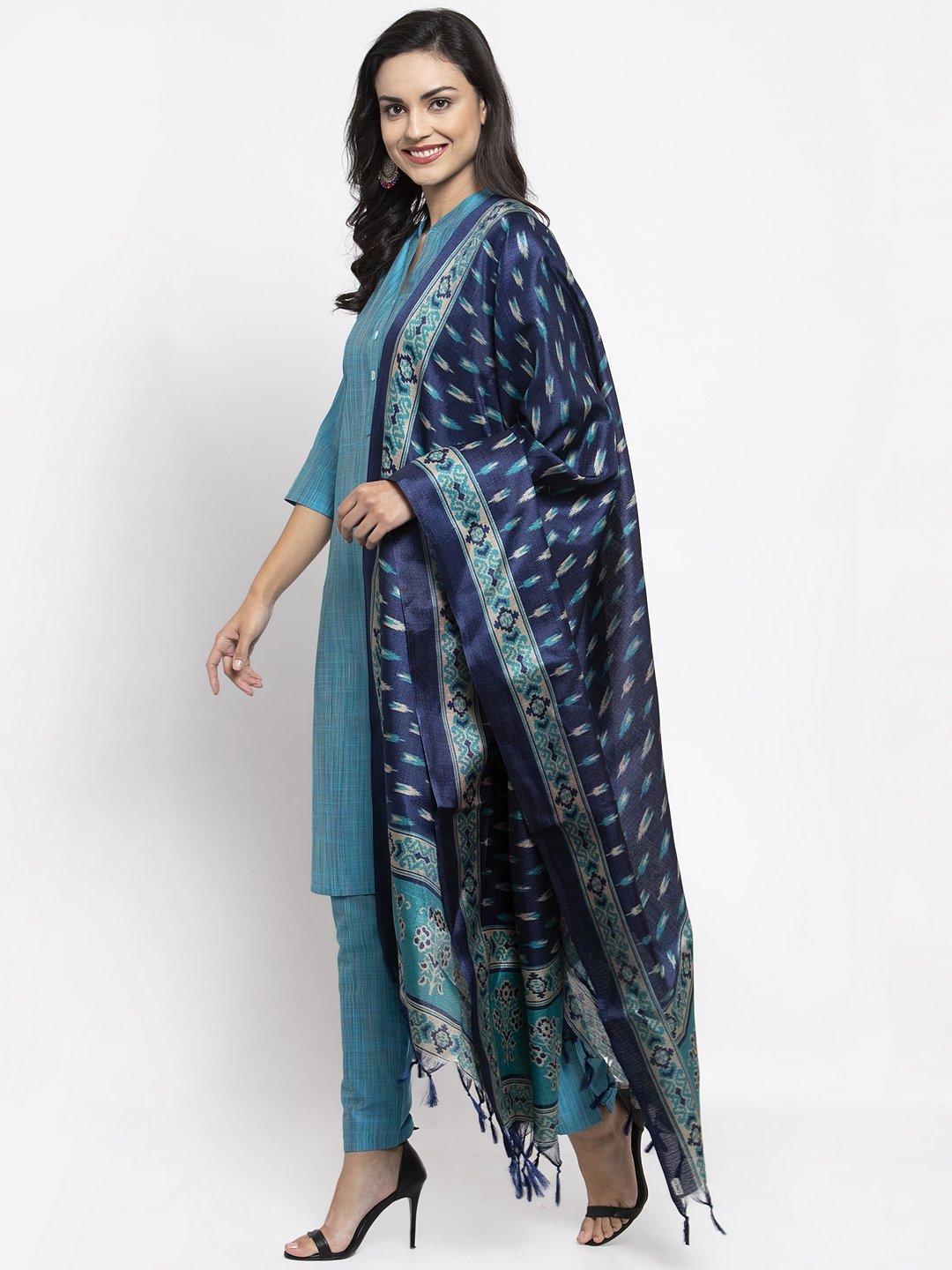 Women's Blue & Green Self Striped Kurta with Trousers & Printed Art Silk Dupatta
