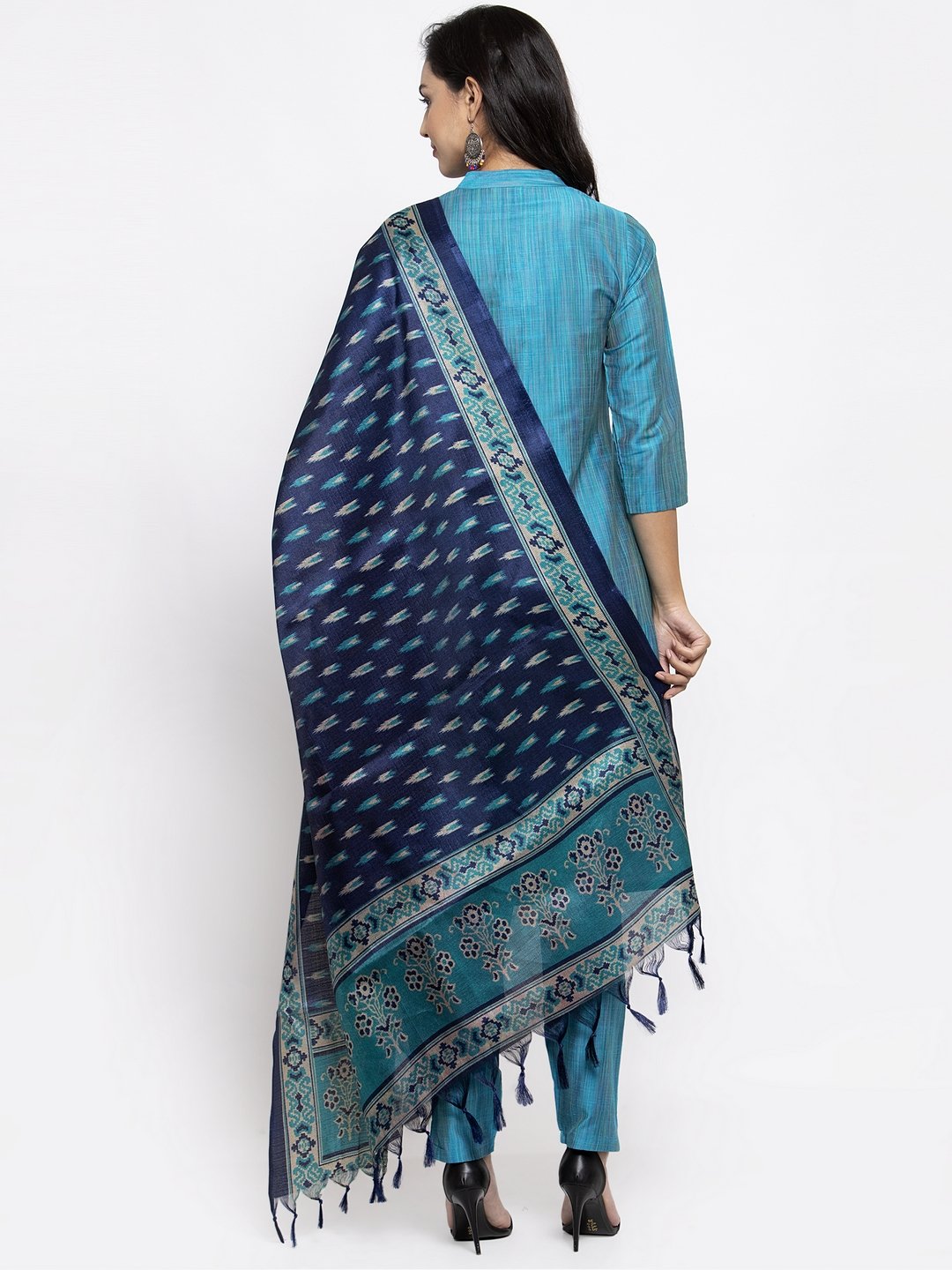 Women's Blue & Green Self Striped Kurta with Trousers & Printed Art Silk Dupatta
