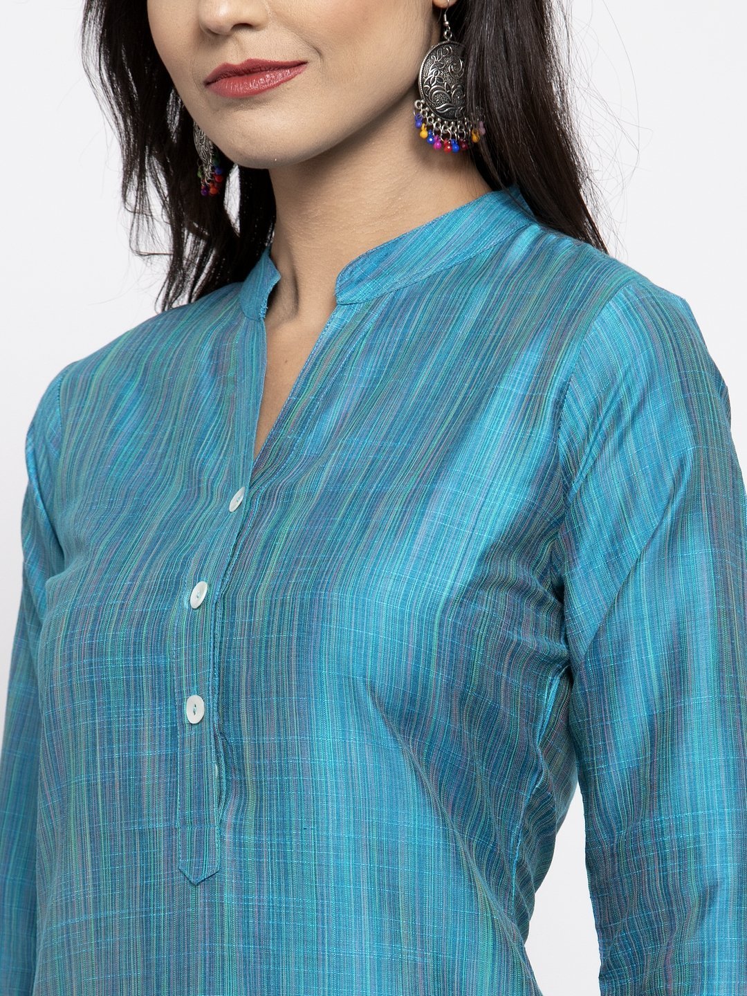 Women's Blue & Green Self Striped Kurta with Trousers & Printed Art Silk Dupatta
