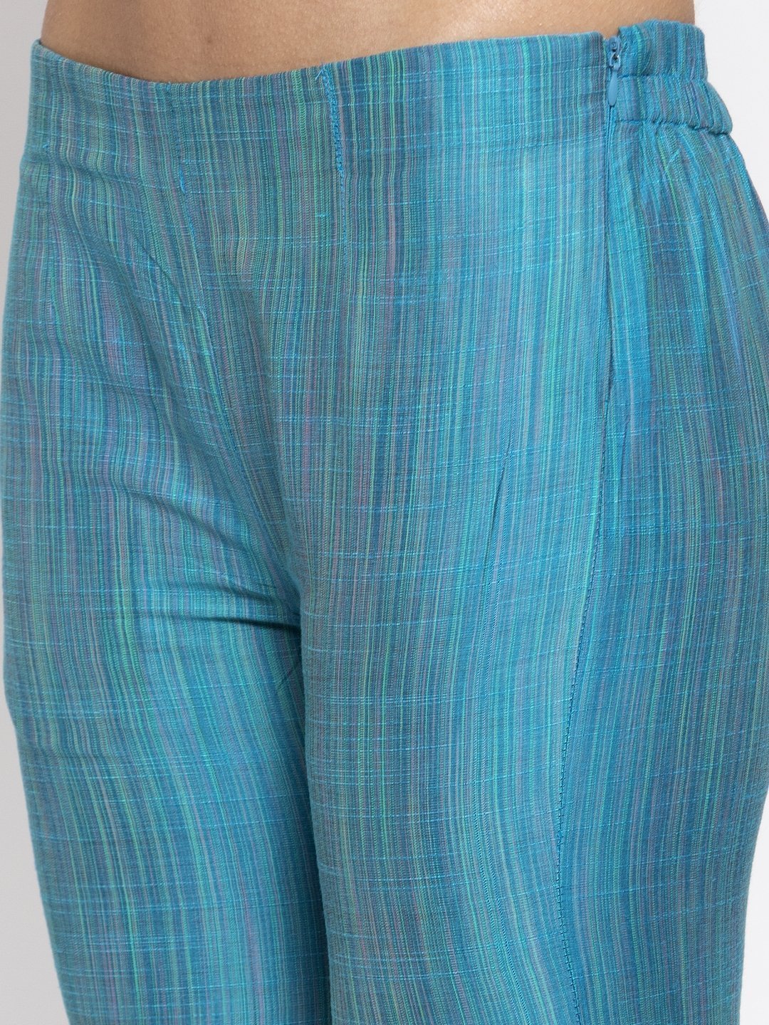Women's Blue & Green Self Striped Kurta with Trousers & Printed Art Silk Dupatta