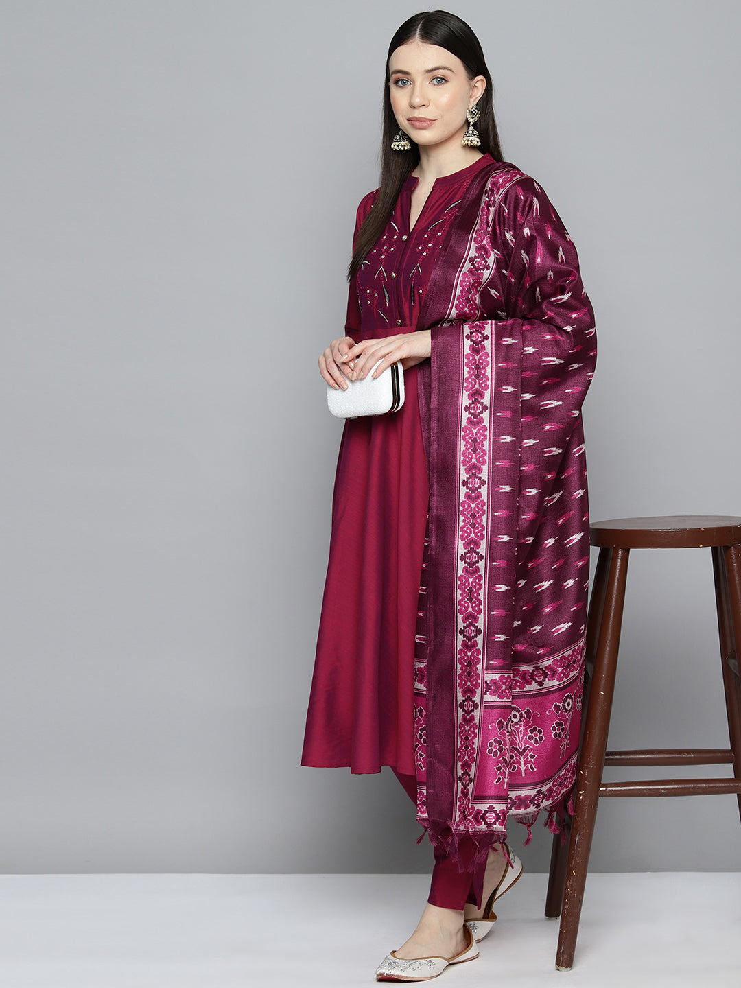 Women's Embroidered Cotton Silk Flared kurta, pant with dupatta set - Taantav