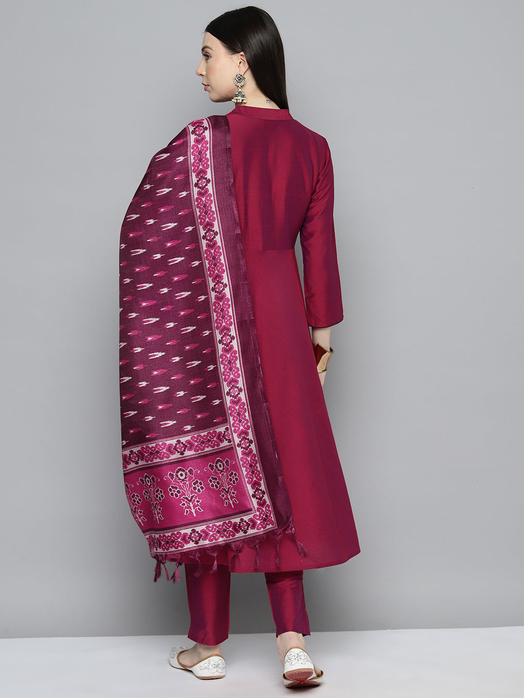 Women's Embroidered Cotton Silk Flared kurta, pant with dupatta set - Taantav