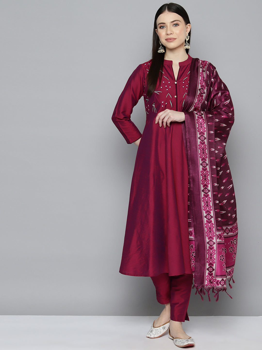 Women's Embroidered Cotton Silk Flared kurta, pant with dupatta set - Taantav