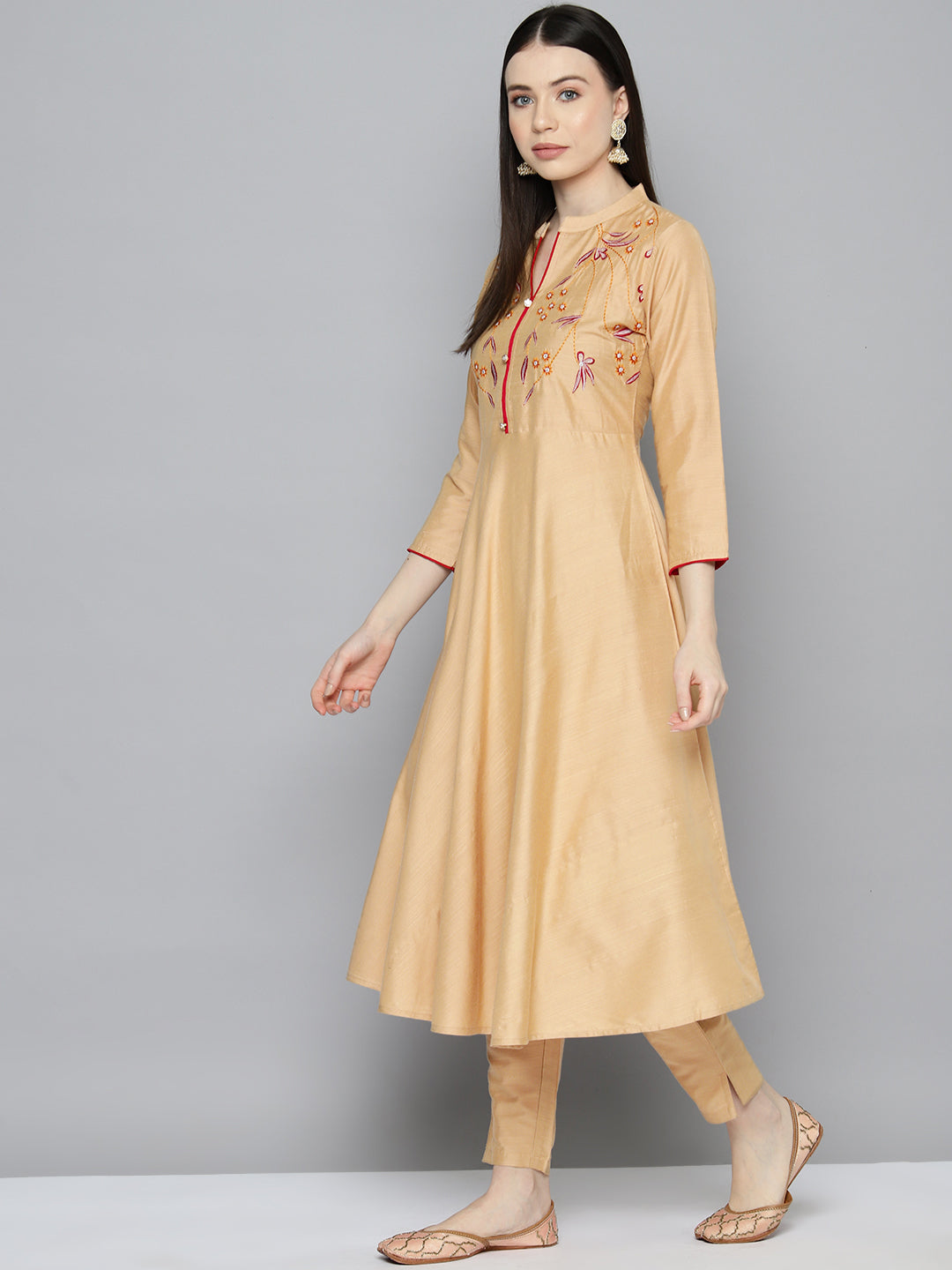 Women's Embroidered Cotton Silk Flared kurta, pant with dupatta set - Taantav