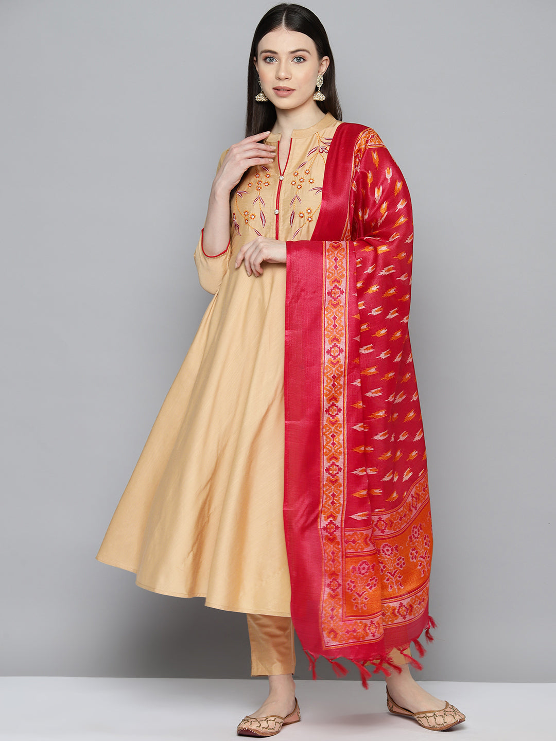 Women's Embroidered Cotton Silk Flared kurta, pant with dupatta set - Taantav